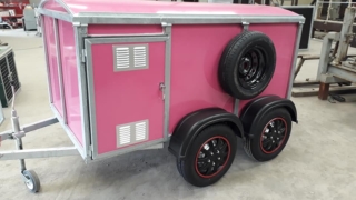 pink 4 berth dog trailer Dog Trecker, dog trailer manufactured by KM Dog Boxes